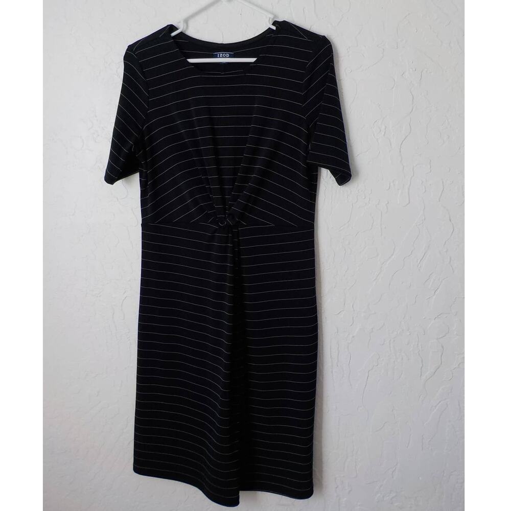 Izod Blue Striped Casual Dress Women size Medium Front Knot Short Sleeve Stretch